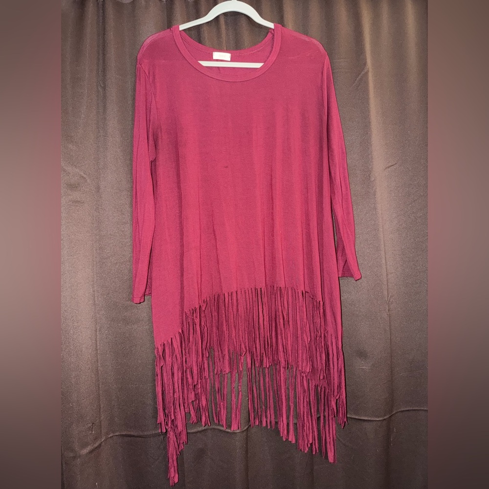 ODDY Burgundy Fringe Hem Long Sleeve Top